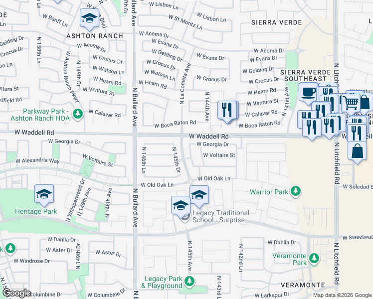 map of restaurants, bars, coffee shops, grocery stores, and more near 13453 North 145th Drive in Surprise
