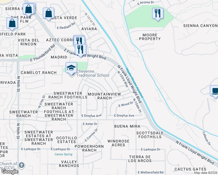 map of restaurants, bars, coffee shops, grocery stores, and more near 13372 East Sutton Drive in Scottsdale