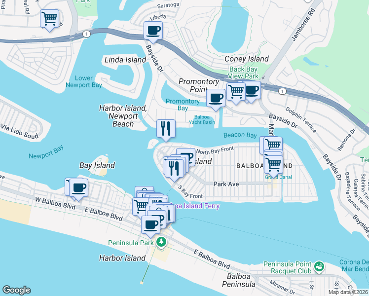 map of restaurants, bars, coffee shops, grocery stores, and more near 226 Garnet Avenue in Newport Beach
