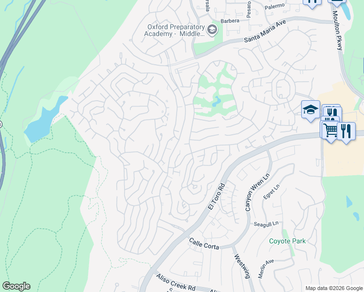 map of restaurants, bars, coffee shops, grocery stores, and more near 5394 Paseo Del Lago in Laguna Woods