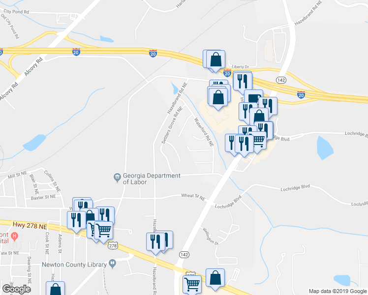 map of restaurants, bars, coffee shops, grocery stores, and more near 10108 Huntcliff Place Northeast in Covington