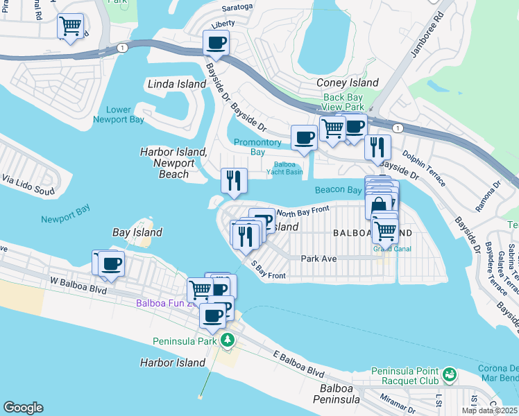 map of restaurants, bars, coffee shops, grocery stores, and more near 226 Garnet Avenue in Newport Beach
