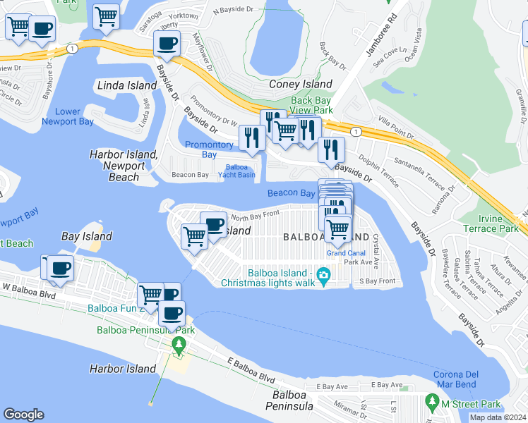 map of restaurants, bars, coffee shops, grocery stores, and more near 711 North Bay Front in Newport Beach