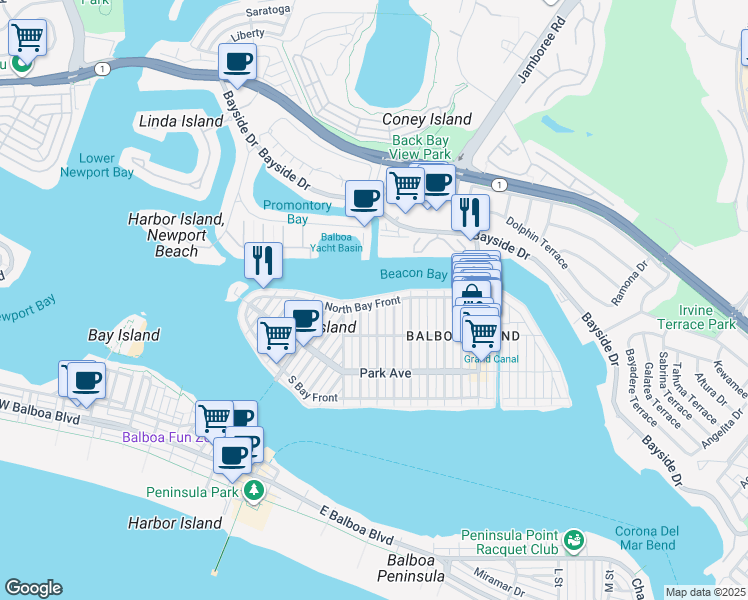 map of restaurants, bars, coffee shops, grocery stores, and more near 711 North Bay Front in Newport Beach