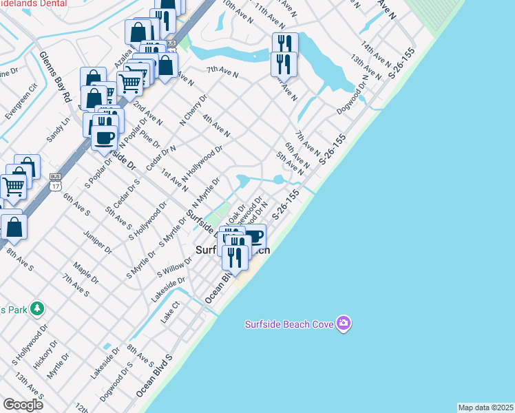 map of restaurants, bars, coffee shops, grocery stores, and more near 214 North Oak Drive in Surfside Beach