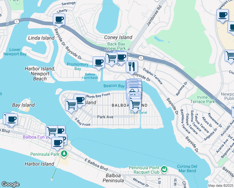 map of restaurants, bars, coffee shops, grocery stores, and more near 333 Apolena Avenue in Newport Beach
