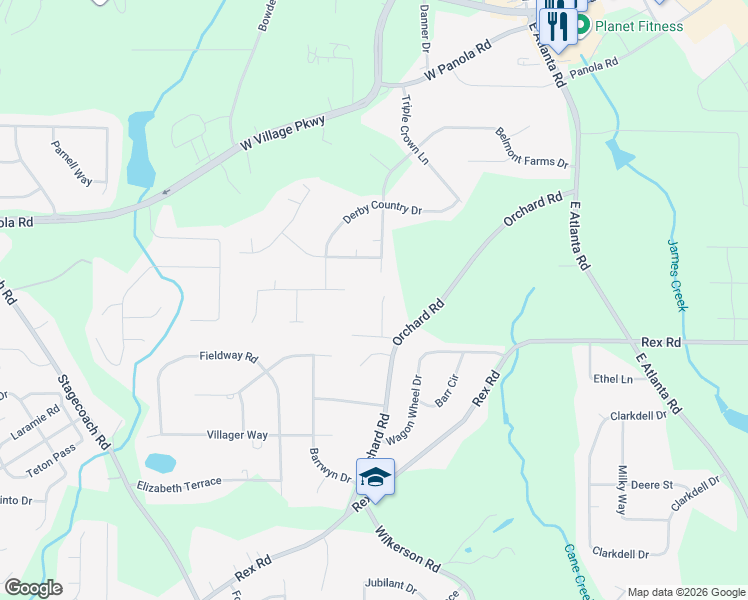 map of restaurants, bars, coffee shops, grocery stores, and more near 315 Belmont Farms Drive in Ellenwood