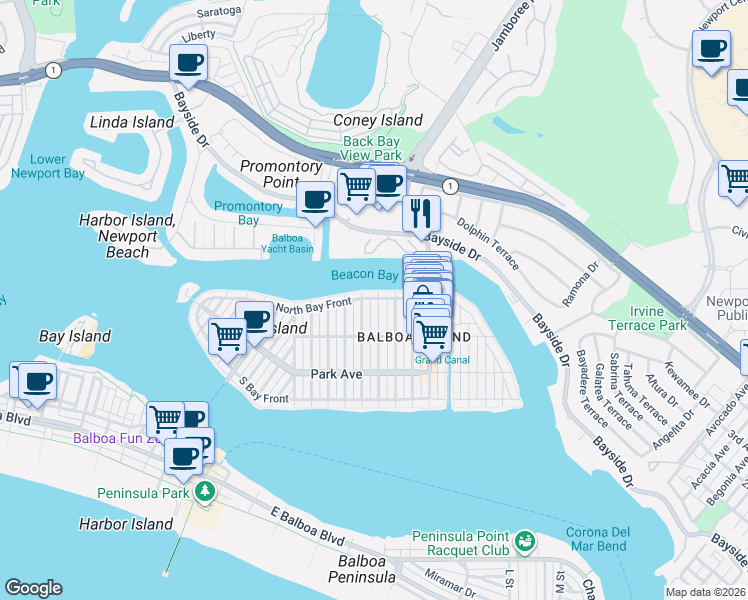 map of restaurants, bars, coffee shops, grocery stores, and more near 333 Apolena Avenue in Newport Beach
