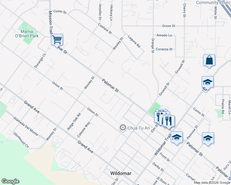 map of restaurants, bars, coffee shops, grocery stores, and more near 32570 Ione Lane in Wildomar