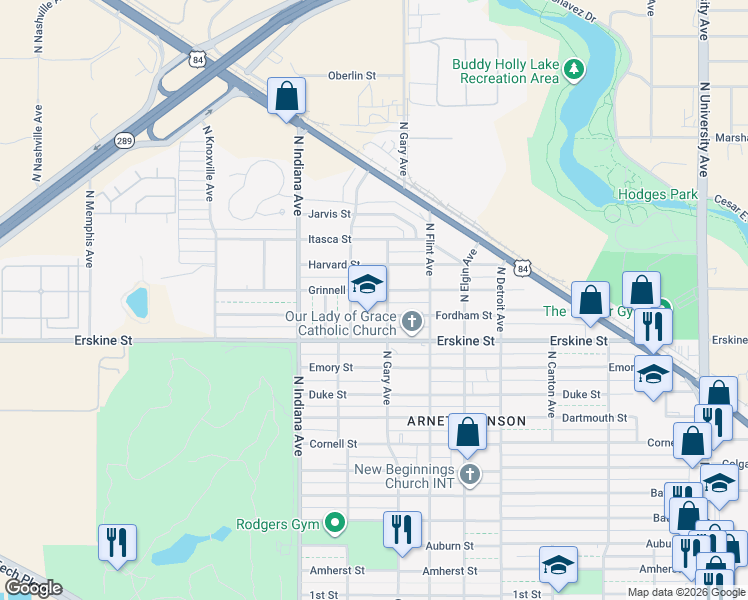 map of restaurants, bars, coffee shops, grocery stores, and more near 3206 Grinnell St in Lubbock