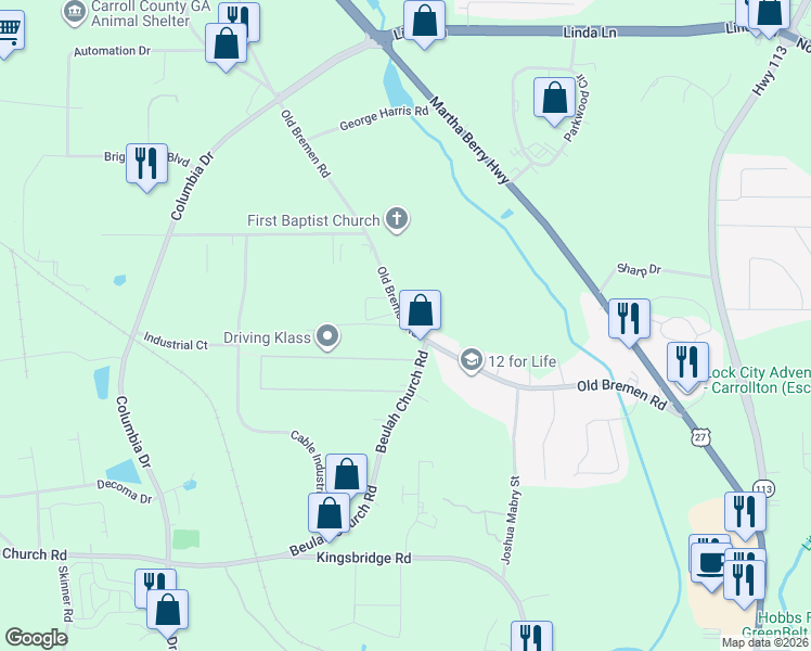map of restaurants, bars, coffee shops, grocery stores, and more near 440 Old Bremen Road in Carrollton