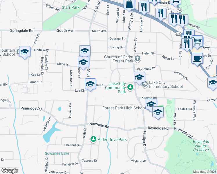 map of restaurants, bars, coffee shops, grocery stores, and more near 5365 Forest Hills Court in Lake City