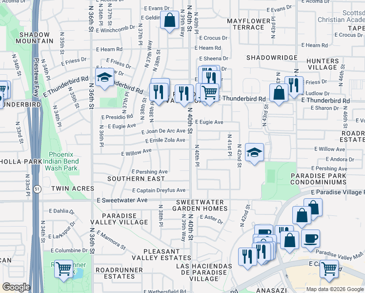 map of restaurants, bars, coffee shops, grocery stores, and more near 3950 East Emile Zola Avenue in Phoenix