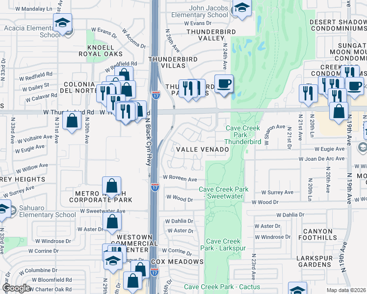 map of restaurants, bars, coffee shops, grocery stores, and more near 2607 West Emile Zola Avenue in Phoenix