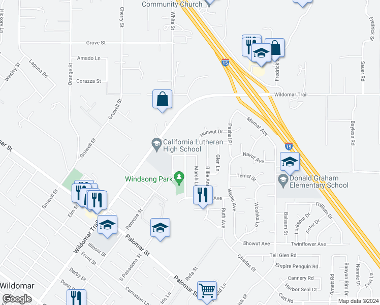 map of restaurants, bars, coffee shops, grocery stores, and more near 22574 Raspberry Lane in Wildomar