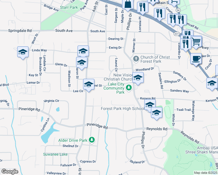 map of restaurants, bars, coffee shops, grocery stores, and more near Forest Hills Court in Lake City