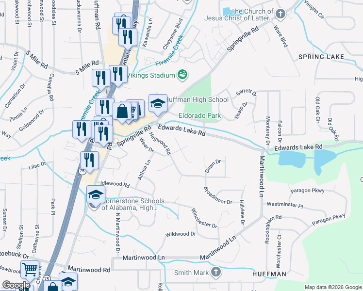 map of restaurants, bars, coffee shops, grocery stores, and more near 933 Edwards Lake Road in Birmingham