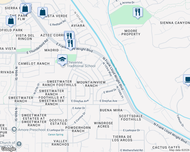 map of restaurants, bars, coffee shops, grocery stores, and more near 13527 North 103rd Street in Scottsdale