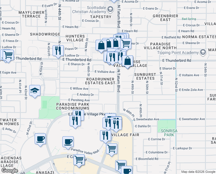 map of restaurants, bars, coffee shops, grocery stores, and more near 4656 East Emile Zola Avenue in Phoenix