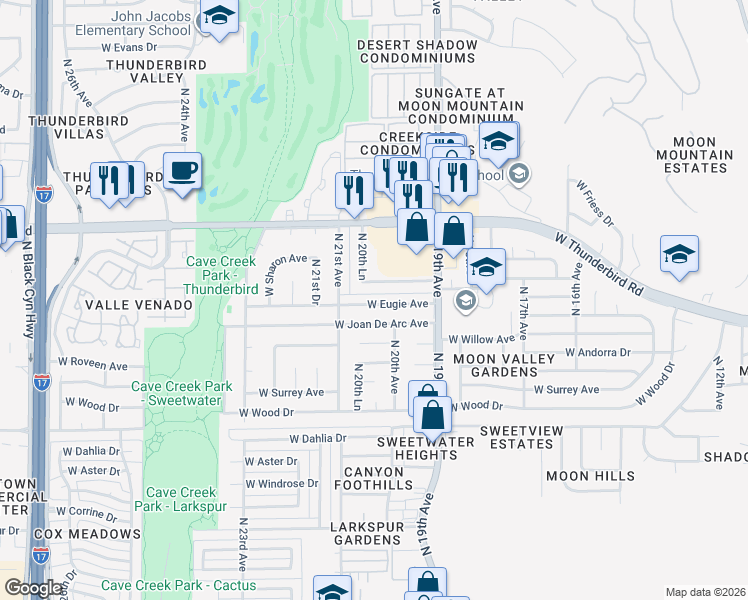 map of restaurants, bars, coffee shops, grocery stores, and more near 13609 North 20th Lane in Phoenix