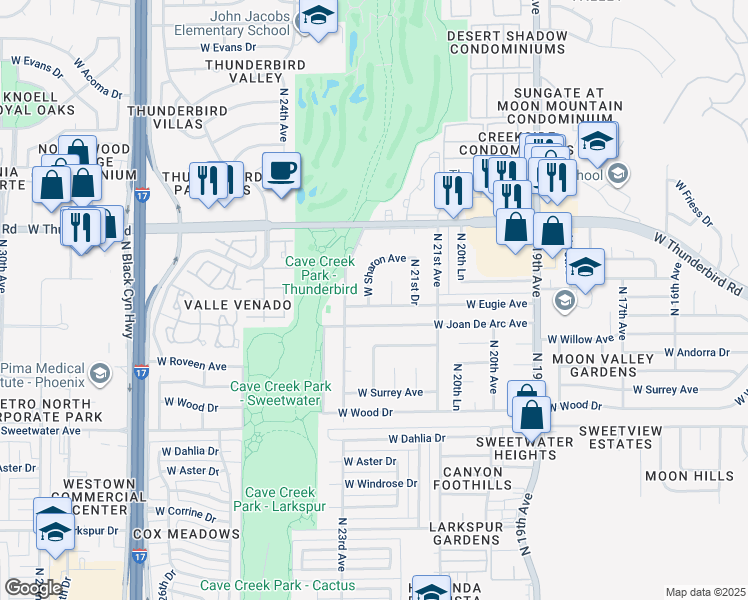 map of restaurants, bars, coffee shops, grocery stores, and more near 2182 West Sharon Avenue in Phoenix