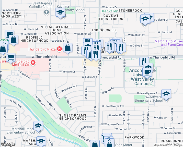 map of restaurants, bars, coffee shops, grocery stores, and more near 13610 North 51st Avenue in Glendale