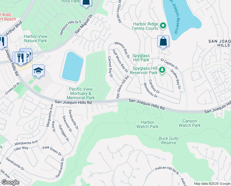 map of restaurants, bars, coffee shops, grocery stores, and more near 14 Monterey Circle in Newport Beach