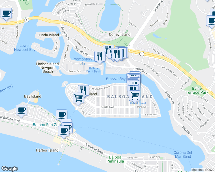 map of restaurants, bars, coffee shops, grocery stores, and more near 805 North Bay Front in Newport Beach