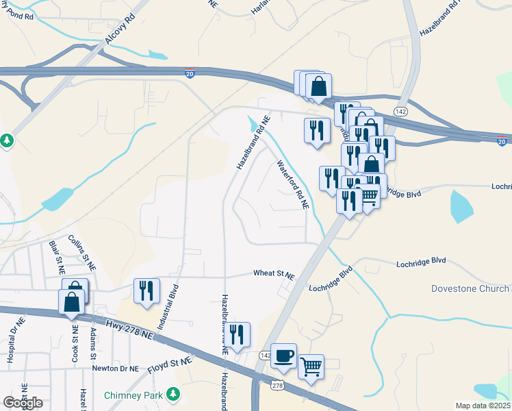 map of restaurants, bars, coffee shops, grocery stores, and more near 9129 Bent Pine Court Northeast in Covington
