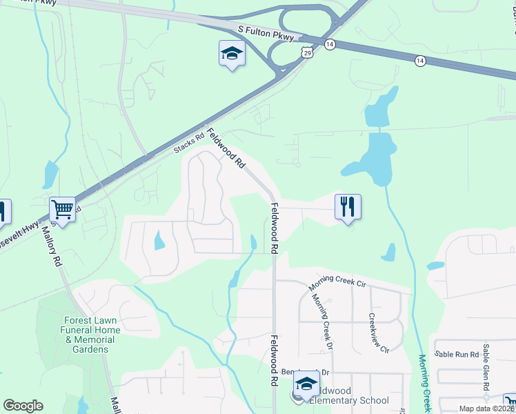 map of restaurants, bars, coffee shops, grocery stores, and more near 5345 Feldwood Road in College Park