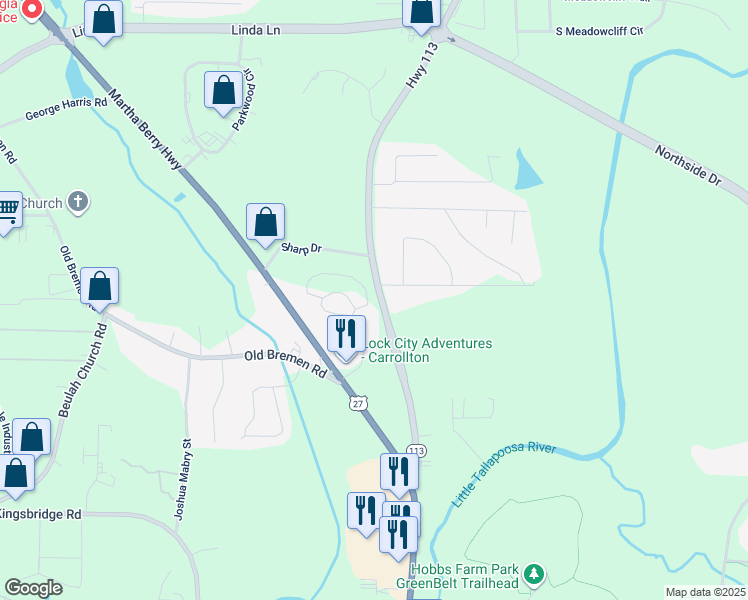 map of restaurants, bars, coffee shops, grocery stores, and more near 10 Crestview Circle in Carrollton
