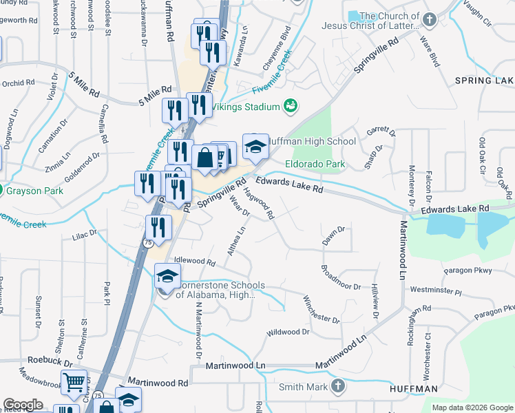 map of restaurants, bars, coffee shops, grocery stores, and more near 808 Hagwood Road in Birmingham
