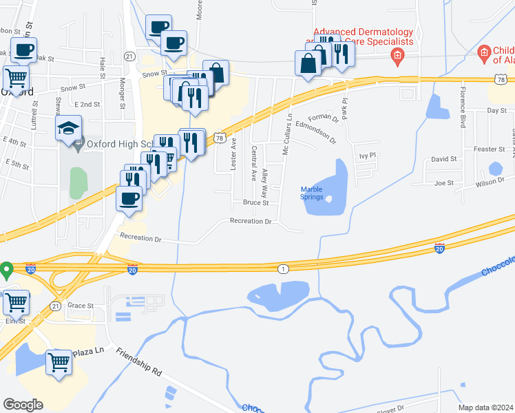 map of restaurants, bars, coffee shops, grocery stores, and more near 501 Central Avenue in Oxford