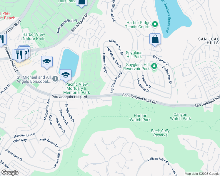 map of restaurants, bars, coffee shops, grocery stores, and more near 6 Monterey Circle in Newport Beach