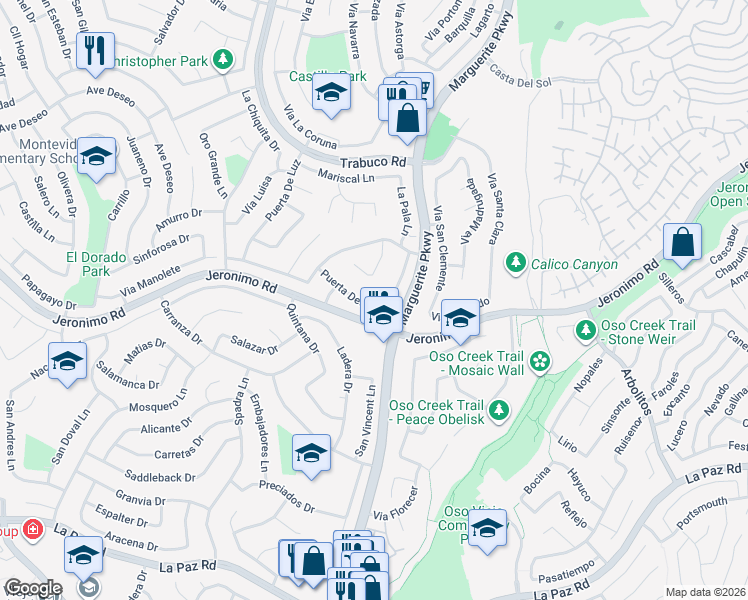 map of restaurants, bars, coffee shops, grocery stores, and more near 27181 Puerta Del Oro in Mission Viejo