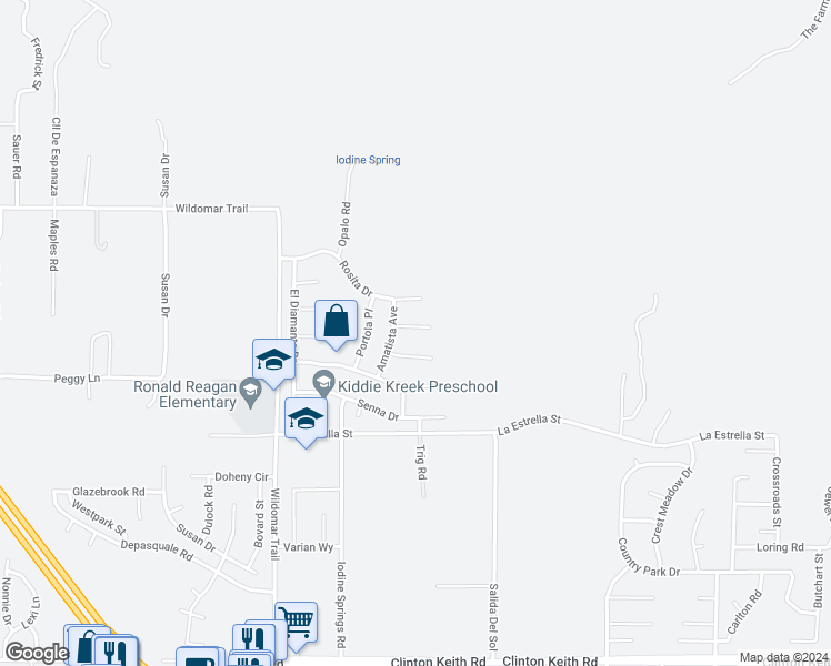 map of restaurants, bars, coffee shops, grocery stores, and more near 24311 Verona Court in Wildomar