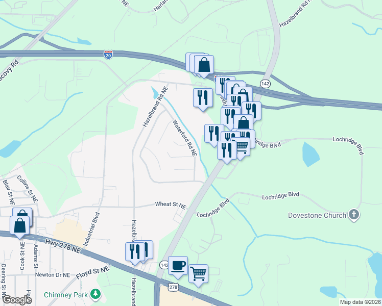 map of restaurants, bars, coffee shops, grocery stores, and more near 10186 Waterford Road Northeast in Covington