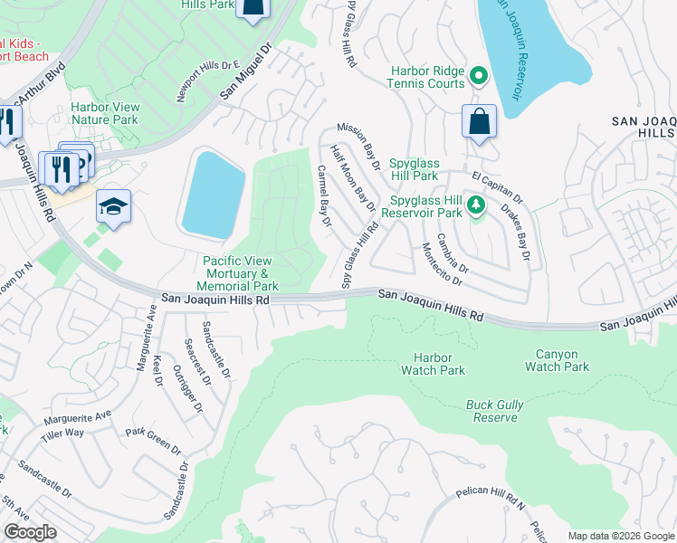 map of restaurants, bars, coffee shops, grocery stores, and more near 6 Monterey Circle in Newport Beach