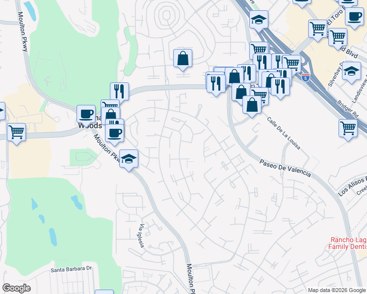 map of restaurants, bars, coffee shops, grocery stores, and more near 27 Avenida Castilla in Laguna Woods