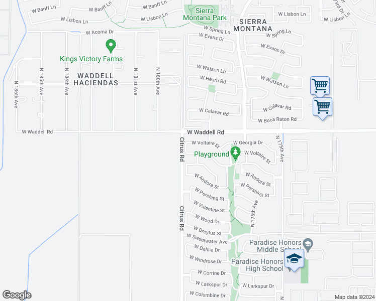 map of restaurants, bars, coffee shops, grocery stores, and more near 17868 West Eugene Terrace in Surprise