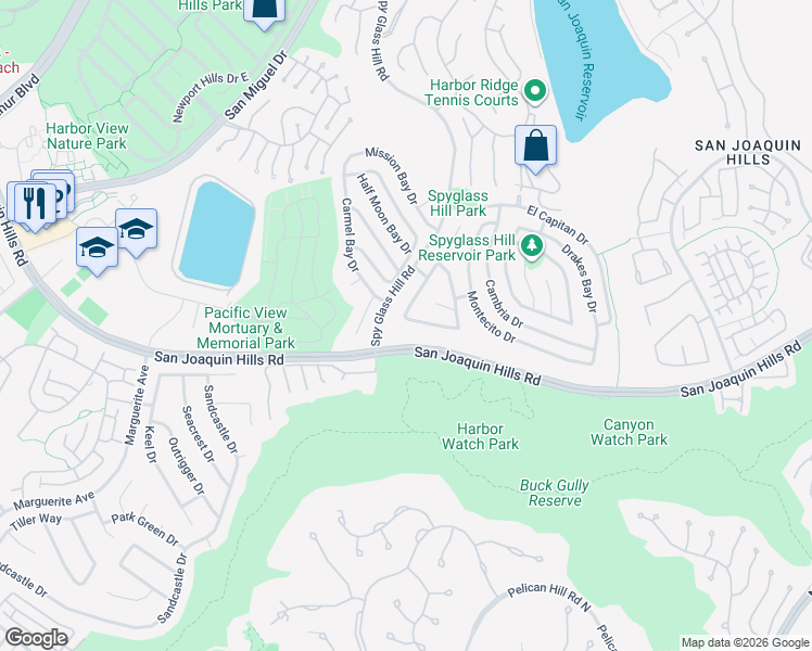 map of restaurants, bars, coffee shops, grocery stores, and more near 23 San Mateo Way in Newport Beach