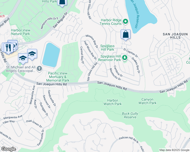 map of restaurants, bars, coffee shops, grocery stores, and more near 23 San Mateo Way in Newport Beach