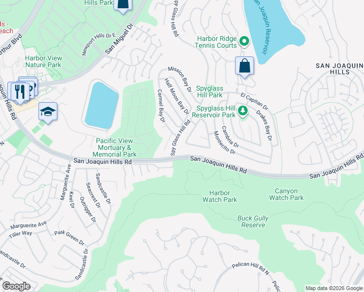 map of restaurants, bars, coffee shops, grocery stores, and more near 25 San Mateo Way in Newport Beach