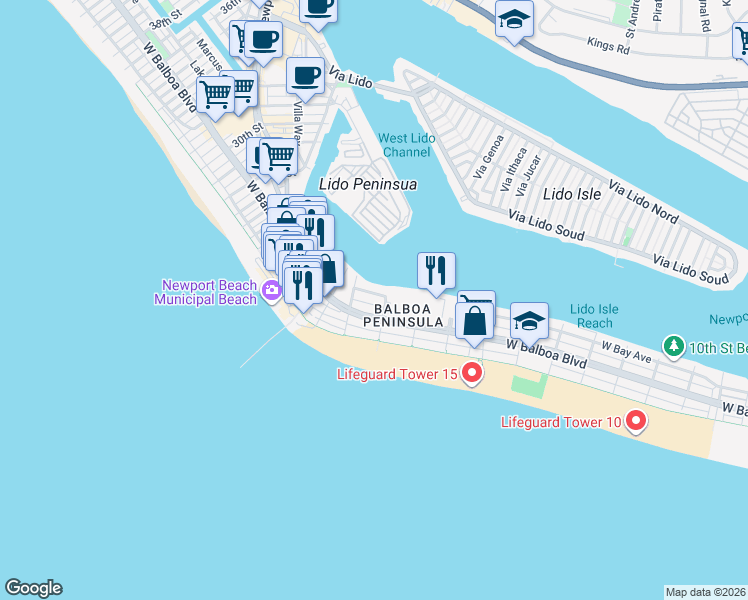 map of restaurants, bars, coffee shops, grocery stores, and more near 1811 West Bay Avenue in Newport Beach