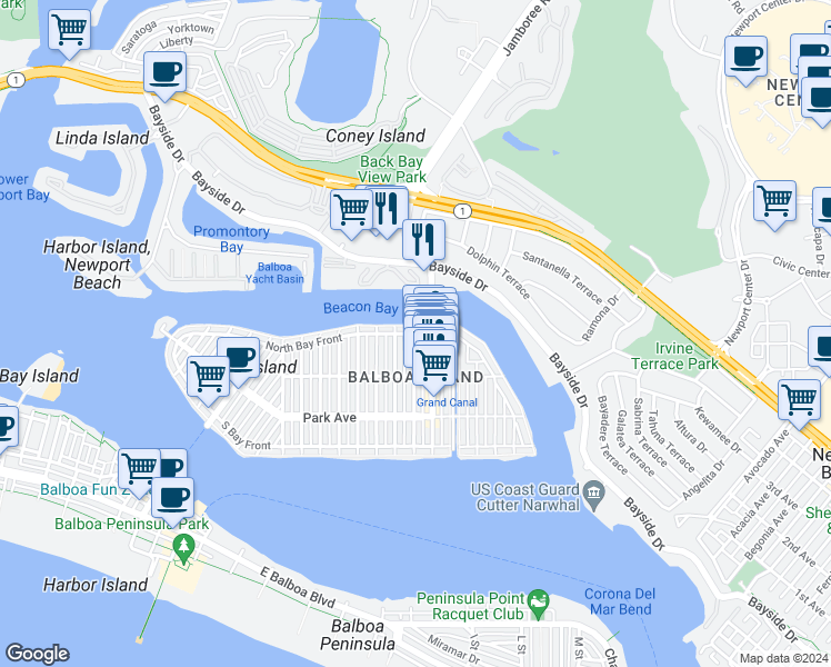 map of restaurants, bars, coffee shops, grocery stores, and more near 1311 North Bay Front in Newport Beach