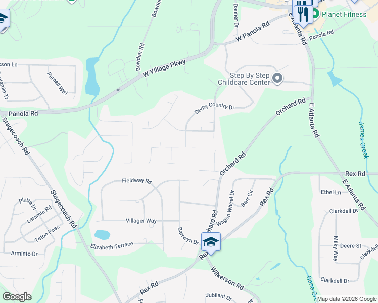 map of restaurants, bars, coffee shops, grocery stores, and more near 230 Remington Trail in Ellenwood