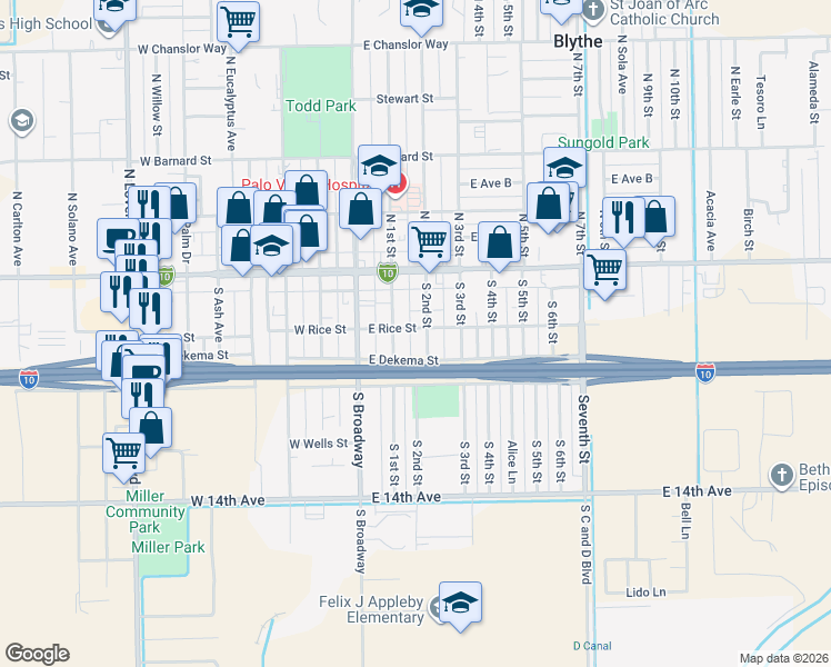 map of restaurants, bars, coffee shops, grocery stores, and more near 170 South 2nd Street in Blythe