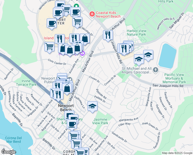 map of restaurants, bars, coffee shops, grocery stores, and more near 2701 Windover Drive in Newport Beach