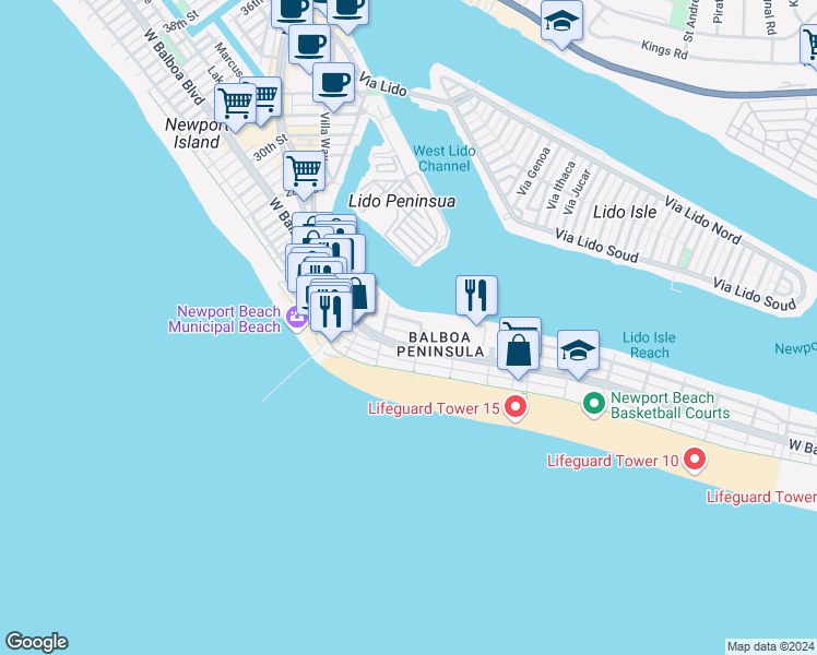 map of restaurants, bars, coffee shops, grocery stores, and more near 1811 West Bay Avenue in Newport Beach