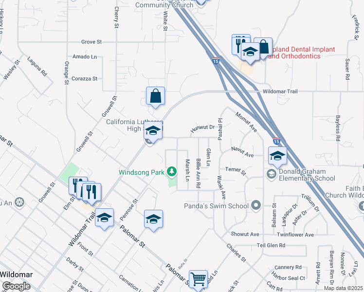 map of restaurants, bars, coffee shops, grocery stores, and more near 22574 Raspberry Lane in Wildomar